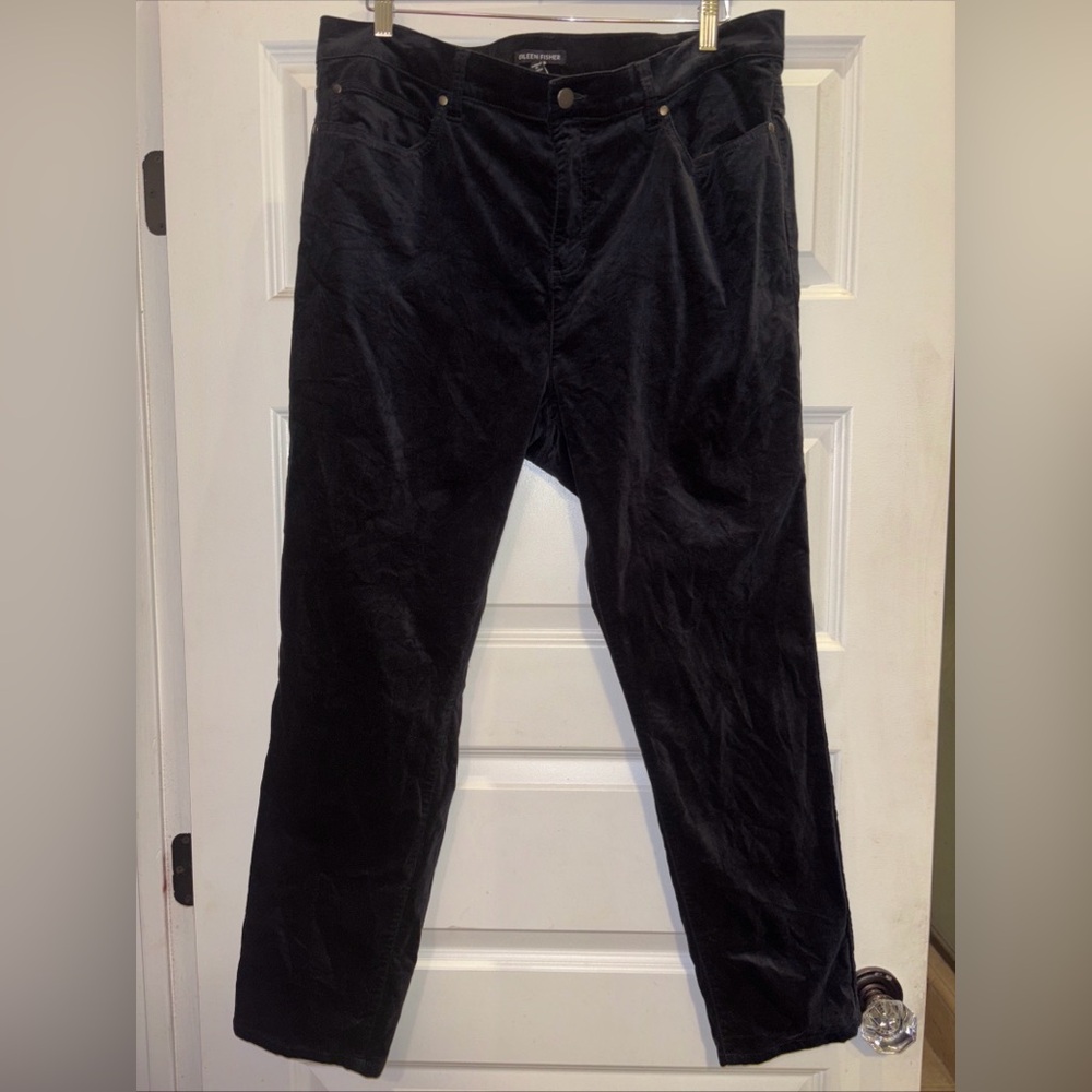 Eileen Fisher XL Black 5-Pocket Velour Velvet Straight Leg Pants Button Zipper